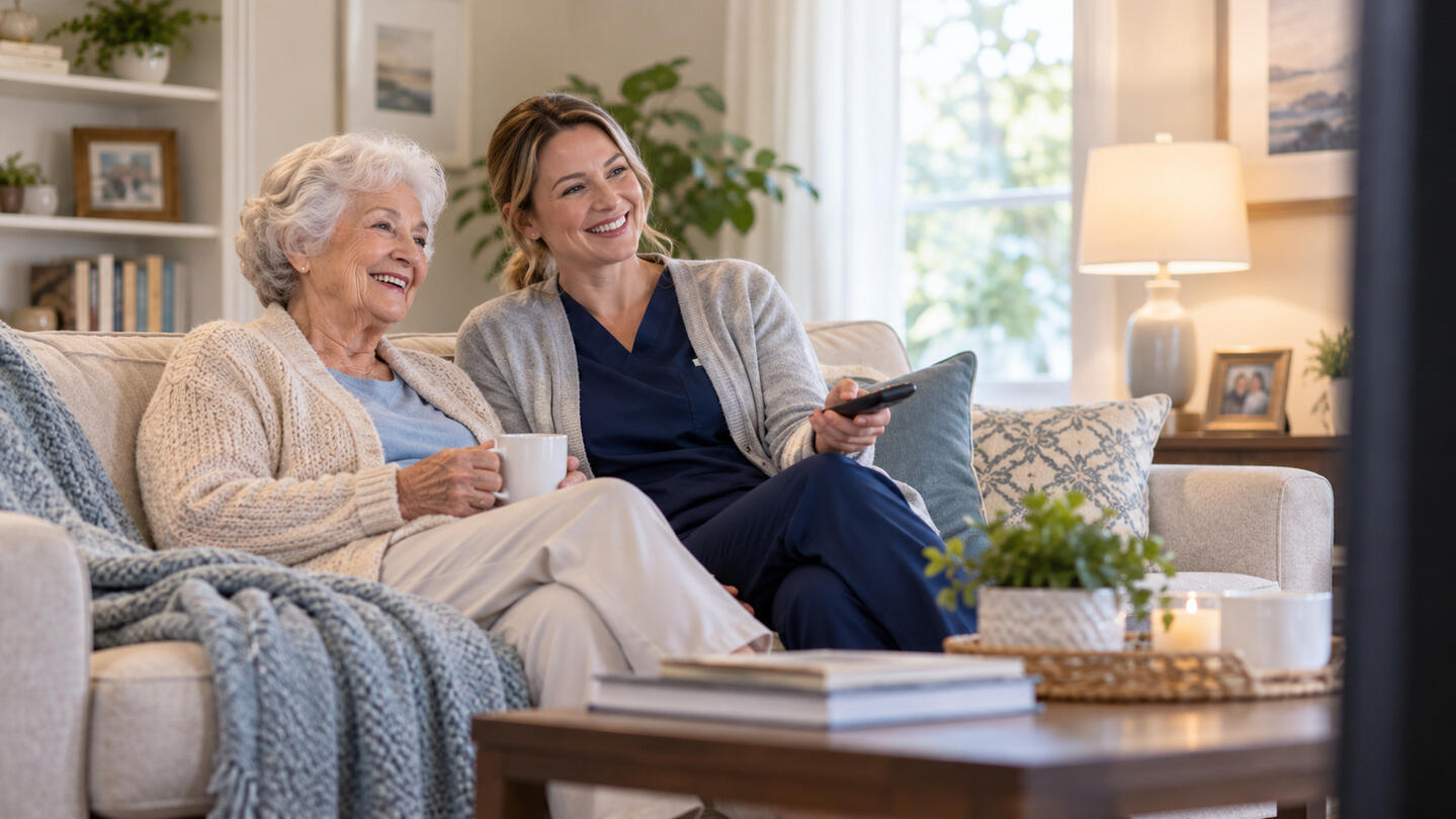 Caregiver and elderly client enjoying companionship while watching television at home